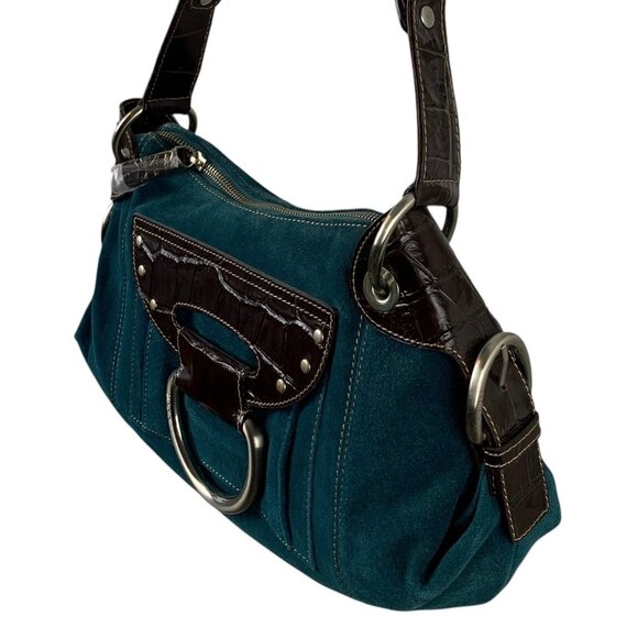 Maxx New York Belted Teal Blue Brushed Leather Steel Ring Handbag - Picture 3 of 10